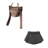 DERMEARNE 2025 Summer Korean Fashion 2 Piece Set Woman Casual Knitted Sweater + Vintage Denim Shorts Skirt Party Elegant Clothing Outfits