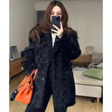 DERMEARNE 2025 Women Fashion Solid Color Lamb Wool Outwear Spring Autumn Female Loose Plush Coat Ladies Medium Long Styles Faux Fur Jacket