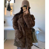 DERMEARNE 2025 Women Fashion Solid Color Lamb Wool Outwear Spring Autumn Female Loose Plush Coat Ladies Medium Long Styles Faux Fur Jacket