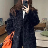 DERMEARNE 2025 Women Fashion Solid Color Lamb Wool Outwear Spring Autumn Female Loose Plush Coat Ladies Medium Long Styles Faux Fur Jacket