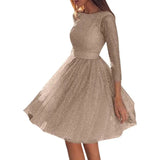 DERMEARNE 2024 Women See-through Sequins Dress Gown Long Sleeve O-neck Backless Mini Dresses Female Wedding Evening Party Dresses