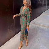 DERMEARNE 2025 Autumn New Women's Fashion Printed Sexy V-neck Casual Comfortable Nine Inch Sleeve Medium Length Dress For Women