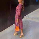 DERMEARNE 2025 Autumn New Women's Fashion Printed Sexy V-neck Casual Comfortable Nine Inch Sleeve Medium Length Dress For Women