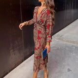 DERMEARNE 2025 Autumn New Women's Fashion Printed Sexy V-neck Casual Comfortable Nine Inch Sleeve Medium Length Dress For Women