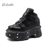 DERMEARNE 2025 New Punk Style Women Shoes Gothic Ankle Rock Boots Lace-up Heel Height 9CM Platform Shoes Woman Metal Decor Woman Sneakers