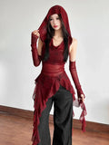 DERMEARNE 2025 New Retro Cyber Punk Streetwear Vest Women Dark Gothic Y2k Harajuku Sexy See Through Hooded Crop Tank Top Alt Grunge Outfit
