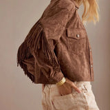 DERMEARNE 2025 New Solid Color Spring and Autumn Jacket Lapel Fringed Long Sleeve Turn-down Collar Jacket Street Fashion Jacket