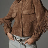 DERMEARNE 2025 New Solid Color Spring and Autumn Jacket Lapel Fringed Long Sleeve Turn-down Collar Jacket Street Fashion Jacket