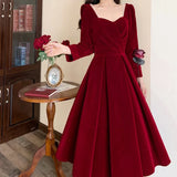 DERMEARNE 2025 New Winter Beading Velvet Dress Women Fashion Elegant Slim Large Size Red Long Dresses Woman