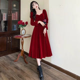 DERMEARNE 2025 New Winter Beading Velvet Dress Women Fashion Elegant Slim Large Size Red Long Dresses Woman