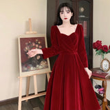 DERMEARNE 2025 New Winter Beading Velvet Dress Women Fashion Elegant Slim Large Size Red Long Dresses Woman