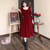 DERMEARNE 2025 New Winter Beading Velvet Dress Women Fashion Elegant Slim Large Size Red Long Dresses Woman