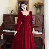 DERMEARNE 2025 New Winter Beading Velvet Dress Women Fashion Elegant Slim Large Size Red Long Dresses Woman