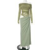 DERMEARNE 2025 Spring Elegant Mesh Patchwork Maxi Dress Women Sexy Sheer Off Shoulder Slim Party Dress Fashion Long Sleeve Holidays Dress