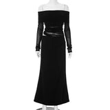 DERMEARNE 2025 Spring Elegant Mesh Patchwork Maxi Dress Women Sexy Sheer Off Shoulder Slim Party Dress Fashion Long Sleeve Holidays Dress