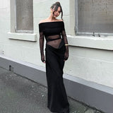 DERMEARNE 2025 Spring Elegant Mesh Patchwork Maxi Dress Women Sexy Sheer Off Shoulder Slim Party Dress Fashion Long Sleeve Holidays Dress