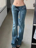 DERMEARNE 2025 Spring Harajuku Sheath Jeans Female Vintage Slim Streetwear Style Retro Y2K Pants Women's High Waist Flared Denim Trouser