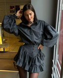 DERMEARNE 2025 Spring New Women's Two Pieces Set Grid Pattern Long Sleeve Button Shirts High Waist Lotus Leaf Edge Mini Skirt Lady Outfits