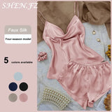 DERMEARNE 3 Pcs Set Women Pajama Sets Fashion Soild Suspenders and Shorts With Hanging Bag Home Wear Set Sexy Suspenders