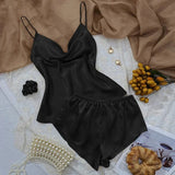 DERMEARNE 3 Pcs Set Women Pajama Sets Fashion Soild Suspenders and Shorts With Hanging Bag Home Wear Set Sexy Suspenders