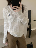 DERMEARNE 4Colors 2025 autumn Winter Korean style V Neck Twist Embroidery Vintage Slim Knitted Sweater and pullover womens (X3522)