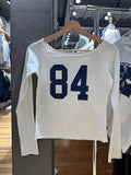 DERMEARNE 84 Print Raw Hem Long Sleeve T-shirt Woman Scoop Neck Slim Cotton Tee Top Casual Vintage Sweet Cute Streetwear Y2k Crop Tops