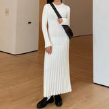 DERMEARNE 90s Vintage Tie Waist Dress Women Elegant Ribbed Knit Full Sleeve Maxi Dress Crew Neck Bodycon Pencil Long Dress Streetwear