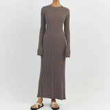 DERMEARNE 90s Vintage Tie Waist Dress Women Elegant Ribbed Knit Full Sleeve Maxi Dress Crew Neck Bodycon Pencil Long Dress Streetwear