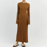 DERMEARNE 90s Vintage Tie Waist Dress Women Elegant Ribbed Knit Full Sleeve Maxi Dress Crew Neck Bodycon Pencil Long Dress Streetwear