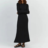DERMEARNE 90s Vintage Tie Waist Dress Women Elegant Ribbed Knit Full Sleeve Maxi Dress Crew Neck Bodycon Pencil Long Dress Streetwear