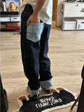 DERMEARNE ADAgirl Baggy Plaid Jeans Pants Women Retro Harajuku Letter Embroidery Korean Straight Wide Leg Denim Trousers Y2k HipHop Casual