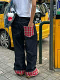 DERMEARNE ADAgirl Baggy Plaid Jeans Pants Women Retro Harajuku Letter Embroidery Korean Straight Wide Leg Denim Trousers Y2k HipHop Casual