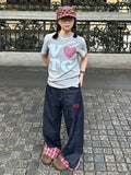 DERMEARNE ADAgirl Baggy Plaid Jeans Pants Women Retro Harajuku Letter Embroidery Korean Straight Wide Leg Denim Trousers Y2k HipHop Casual
