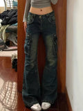 DERMEARNE ADAgirl Flared Baggy Jeans Women Y2k Retro Wide Leg Zipper Pockets Do Old Denim Pants Hip Hop Casual Korean Style Mujer Trousers