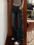 DERMEARNE ADAgirl Flared Baggy Jeans Women Y2k Retro Wide Leg Zipper Pockets Do Old Denim Pants Hip Hop Casual Korean Style Mujer Trousers