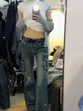 DERMEARNE ADAgirl Flared Baggy Jeans Women Y2k Retro Wide Leg Zipper Pockets Do Old Denim Pants Hip Hop Casual Korean Style Mujer Trousers