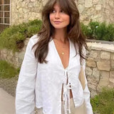 DERMEARNE ALOBEE Loose Lace Up Bow Shirt Women Elegant V Neck Long Flare Sleeve Lady 2025 New Spring Summer Simple High Street Female Tops