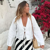 DERMEARNE ALOBEE Loose Lace Up Bow Shirt Women Elegant V Neck Long Flare Sleeve Lady 2025 New Spring Summer Simple High Street Female Tops