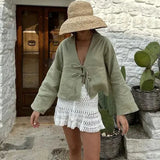 DERMEARNE ALOBEE Loose Lace Up Bow Shirt Women Elegant V Neck Long Flare Sleeve Lady 2025 New Spring Summer Simple High Street Female Tops