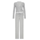 DERMEARNE Absobe Autumn Winter Loose Pants Leisure Suit Women Flare Sleeve Crop Cardigan Top Lace-up Solid 2 Piece Set Fashion Outfit