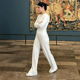 DERMEARNE Absobe Basic Wide Leg Pants Leisure Suit Women Crew Solid Long Sleeve Top Casual Loose Trousers 2 Piece Set Hottie Streetwear