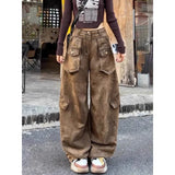 DERMEARNE American Retro Brown Washed Distressed Multi-pocket Cargo Pants Women Y2K Street Hot Girl Loose Casual High Waist Straight Jeans