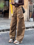 DERMEARNE American Retro Brown Washed Distressed Multi-pocket Cargo Pants Women Y2K Street Hot Girl Loose Casual High Waist Straight Jeans