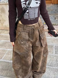 DERMEARNE American Retro Brown Washed Distressed Multi-pocket Cargo Pants Women Y2K Street Hot Girl Loose Casual High Waist Straight Jeans
