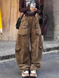 DERMEARNE American Retro Brown Washed Distressed Multi-pocket Cargo Pants Women Y2K Street Hot Girl Loose Casual High Waist Straight Jeans
