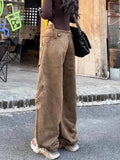 DERMEARNE American Retro Brown Washed Distressed Multi-pocket Cargo Pants Women Y2K Street Hot Girl Loose Casual High Waist Straight Jeans