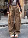 DERMEARNE American Retro Brown Washed Distressed Multi-pocket Cargo Pants Women Y2K Street Hot Girl Loose Casual High Waist Straight Jeans
