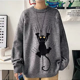 DERMEARNE American Retro Cartoon Cat Design Hole Sweaters Oversized Pullovers Men Unisex Fashion Winter Knitted Jumper Tops Kawaii Clothes