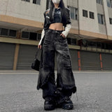 DERMEARNE American Retro High Street Punk Casual Baggy Jeans Fake Two Piece Patchwork Raw Edge Denim Pants Y2k Punk Wide Leg Trousers