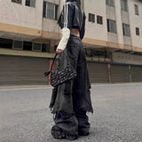 DERMEARNE American Retro High Street Punk Casual Baggy Jeans Fake Two Piece Patchwork Raw Edge Denim Pants Y2k Punk Wide Leg Trousers